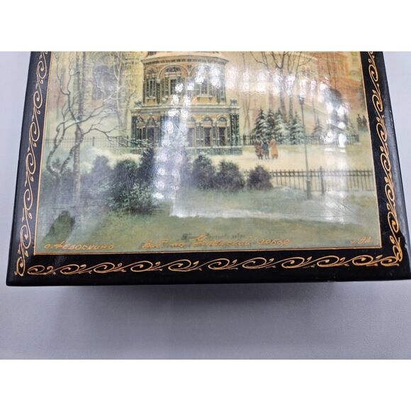 Hand Painted Russian Church Scene Lacquer Box Signed  7" x 5" Black and Red - Picture 8 of 11